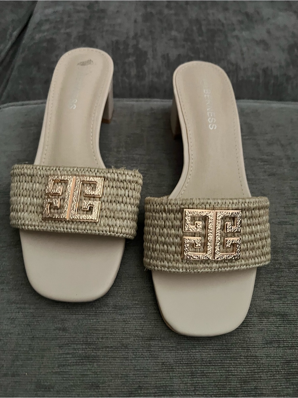 Brash Cream Raffia Slide Mules with Gold Medallions size 9. WORN INSIDE ONLY